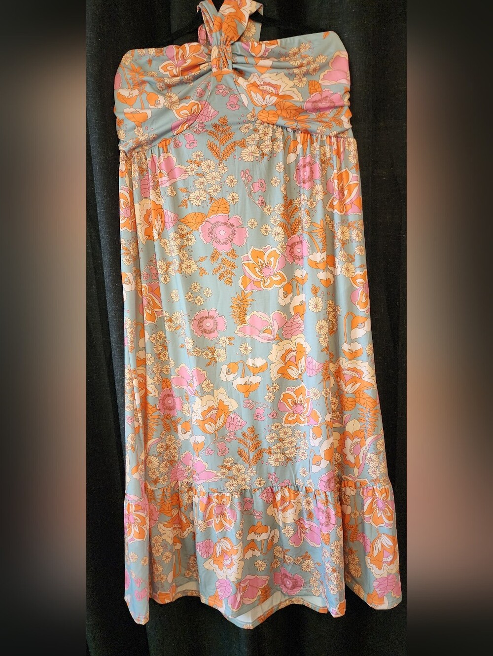 Grace Karin Floral Maxi Dress 2XL Retro Blue Orange Print Pockets Boho - Picture 7 of 7
